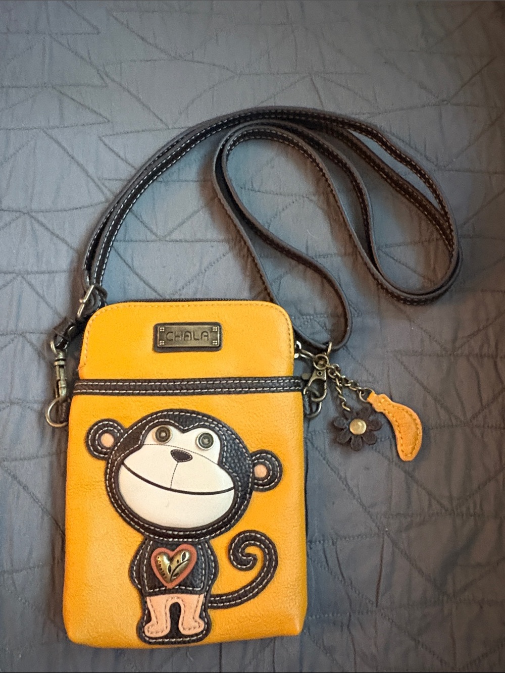 Chala Yellow Faux Leather with Monkey Cell Phone Crossbody Bag - Preused